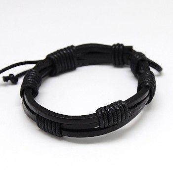Trendy Unisex Casual Style Waxed Cord and Leather Bracelets, Black, 56mm