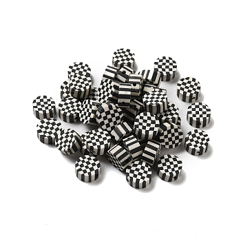 Handmade Polymer Clay Beads, Flat Round with Tartan, Black, 9.5x4.5mm, Hole: 1.8mm