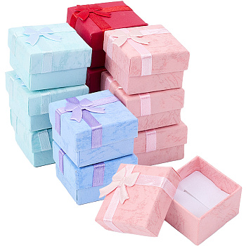 24Pcs 4 Colors Valentines Day Presents Packages Cardboard Ring Boxes, with Satin Ribbons Bowknot Outside, Square, Mixed Color, 4.1x4.1x2.6cm, 6pcs/color