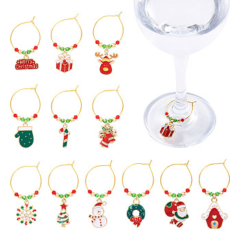 12Pcs Glass Wine Glass Charms, with Snowflake Alloy Enamel Charms  Brass Wine Glass Charms Ring, Mixed Color, 43~57mm