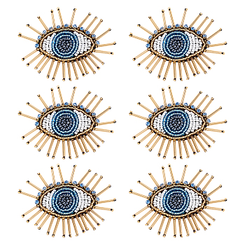 AHADEMAKER 6Pcs Handcrafted Glass Seed Beaded Evil Eye Sew on Patches, Light Sapphire Rhinestone Appliques, Costume Accessories, Gold, 66x57x6mm