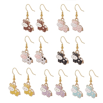 7 Pair 7 Color Alloy Enamel Cow Dangle Earrings, Golden Brass Jewelry for Women, Mixed Color, 33mm, Pin: 0.6mm, 1 Pair/color