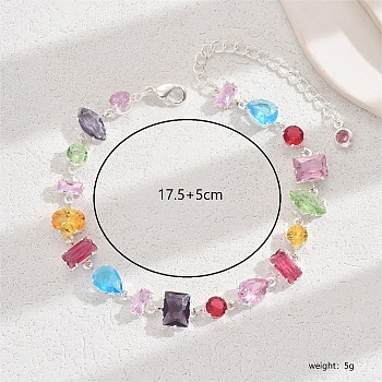 Brass Colorful Cubic Zirconia Chain Bracelets for Women, Fashionable and Versatile, Mixed Color, 6-7/8 inch(17.5cm)