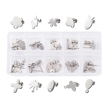 20Pcs 10 Style 201 Stainless Steel Stud Earring Findings, with Horizontal Loops & 304 Stainless Steel Pins and Ear Nut, Oval & Fish & Heart & Flower & Cross & Butterfly & Dolphin Charms, Stainless Steel Color, 8~13.5x6~12mm, Hole: 1~1.6mm, Pin: 0.8mm, 2Pcs/style