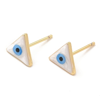 Enamel Triangle with Evil Eye Stud Earrings, Real 18K Gold Plated Brass Jewelry for Women, White, 8x9mm, Pin: 0.8mm
