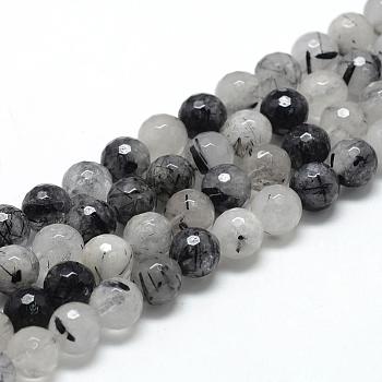Natural Black Rutilated Quartz Beads Strands, Faceted(128 Facets), Round, 8~9mm, Hole: 1mm, about 45~50pcs/strand, 15.7 inch