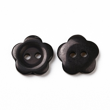 Resin Buttons, Dyed, Flower, Black, 15x3mm, Hole: 1mm