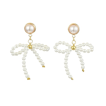 Natural Pearl Beaded Bowknot Dangle Stud Earrings, Golden Alloy Drop Earrings, White, 49~50x33~34mm
