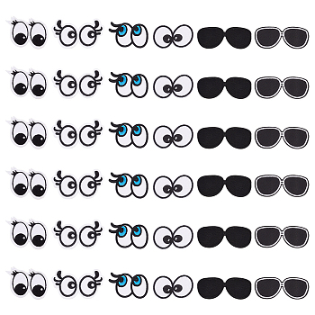 36Pcs 6 Style Eye & Glasses Computerized Embroidery Cloth Iron on Patches, Stick On Patch, Costume Accessories, Appliques, Mixed Color, 33.5~43x60~81x1~1.5mm, 6pcs/style
