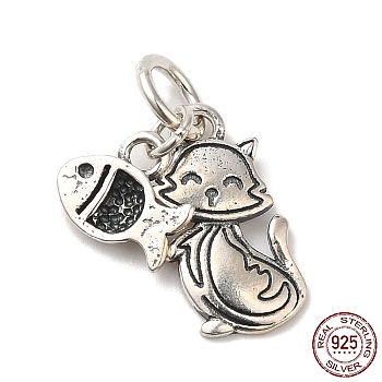 925 Sterling Silver Cat & Fish Charms, with Jump Ring, with S925 Stamp, Antique Silver, 7.5~15x8.5~9x1~2mm, Hole: 2~4mm