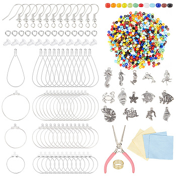 DIY Ocean Theme Earring Making Kit, Including Alloy & 304 Stainless Steel  Charms, Pliers, Iron Earring Hooks, Brass Hoop Earring Findings, Conch & Lobster & Starfish & Mermaid, Mixed Color, 862Pcs/box