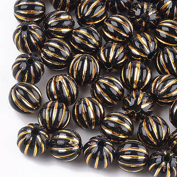 Plating Acrylic Corrugated Beads, Metal Enlaced, Round, Black, 9.5~10mm, Hole: 2mm