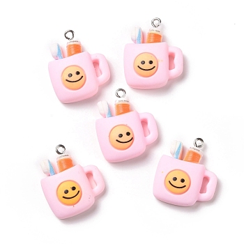 Opaque Resin Pendants, with Platinum Tone Iron Loops, Cup with Smiling Face, Pearl Pink, 28x22x9mm, Hole: 2mm