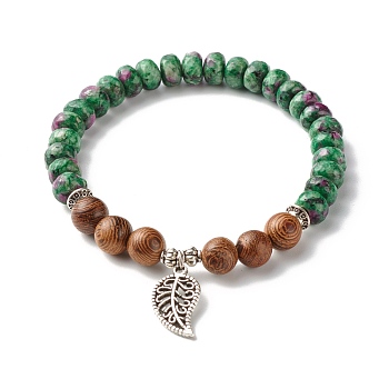 Reiki Natural Ruby & Wenge Wood Beads Stretch Bracelet, Leaf Alloy Charm Bracelet for Girl Women, Inner Diameter: 2-1/8 inch(5.3cm)