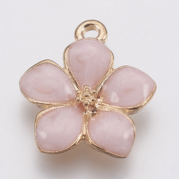 Zinc Alloy Enamel Pendants, Flower, Golden, Pink, 16.5x14.5x2.5~3mm, Hole: 1.5mm