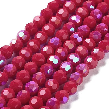 Opaque Glass Beads Strands, Faceted, Round, Crimson, 8x7~7.5mm, Hole: 1.2mm, about 65~67pcs/strand, 19.49~19.69''(49.5~50cm)