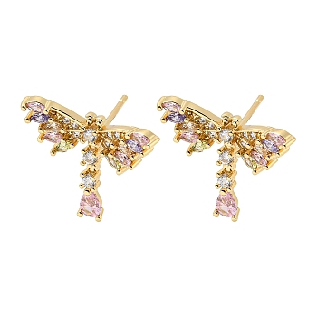 Brass with Colorful Cubic Zirconia Stud Earrings, Dragonfly, Light Gold, 20x16mm