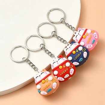 4Pcs PVC Cartoon Lucky Cat Doll Pendant Keychain, with Iron Open Jump Rings and Iron Keychain Ring, Mixed Color, 9.5cm, 4pcs/set