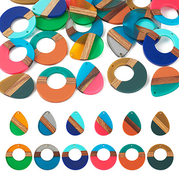 24Pcs 12 Styles Resin & Walnut Wood Pendants, Ring & Donut & Water Drop Charms, Mixed Color, 35.5~38x26~38x3.5mm, Hole: 2mm, 2pcs/style