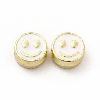 Rack Plating Alloy Enamel Beads, Cadmium Free & Nickel Free & Lead Free, Flat Round with Smiling Face Pattern, Light Gold, White, 7.5x4mm, Hole: 2mm