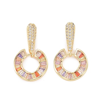 Cubic Zirconia Donut Dangle Stud Earrings, Golden Brass Jewelry for Women, Colorful, 30mm, Pin: 0.8mm