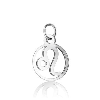 304 Stainless Steel Charms, with Jump Rings, Polished, Flat Round with Constellation, Leo, 13x11x1mm, Hole: 2.5mm