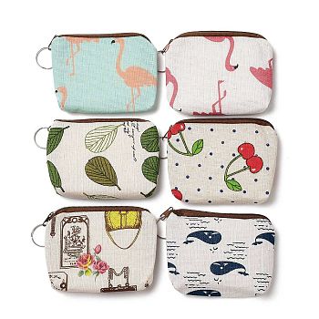 Flamingo/Cherry/Leaf Pattern Cotton Cloth Wallets, Change Purse, with Zipper & Iron Key Ring, Mixed Color, 8.7~8.9x11.1~11.6x1.2~1.3cm