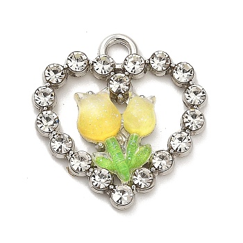 Platinum Alloy Glass Pendants, with Resin, Heart with Flower, Yellow, 21.5x21x4mm, Hole: 2.3mm