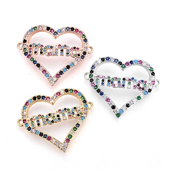 Brass Micro Pave Cubic Zirconia Links, For Mother's Day Jewelry Making, Heart with Word Mama, Colorful, Mixed Color, 22x27.5x4mm, Hole: 1.2mm
