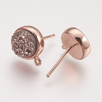 Brass Ear Stud Findings, with Druzy Resin Cabochon and Loop, Flat Round, Rose Gold, Rosy Brown, 12.5x10mm, Hole: 1mm, Pin: 0.7mm