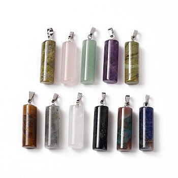Natural Mixed Stone Pendants, with Platinum Tone Brass Findings, Column Charm, 27x8mm, Hole: 6x3.2mm