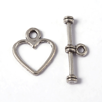 Tibetan Style Alloy Toggle Clasps, Cadmium Free & Nickel Free & Lead Free, Heart, Antique Silver, Heart: 14x12mm, Hole: 1.5mm, Bar: 19mm, hole: 1.5mm, about 1250sets/1000g
