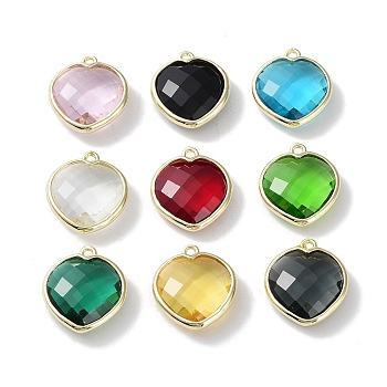 Brass with Glass Pendants, Faceted, Heart Charms, Mixed Color, 19x17x6mm, Hole: 1.4mm