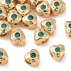 SHEGRACE Brass Green Cubic Zirconia Beads, Texture Heart, Cadmium Free & Lead Free & Nickel Free, Real 18K Gold Plated, 5x5x4mm, Hole: 1.6mm(XGRQ4H208-681G-A)