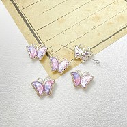 Brass with Resin Beads, Butterfly, Platinum, Pink, 16x21x7mm, Hole: 2mm(KK-G506-01S-02)