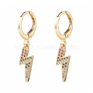 Brass Micro Pave Cubic Zirconia Huggie Hoop Earring, Lightning Bolt, Colorful, Golden, 29mm, Pin: 1mm(EJEW-JE04497-02)