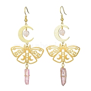 Moon & Butterfly 201 Stainless Steel Dangle Earrings with Brass Pins, Natural Rose Quartz & Quartz Crystal Long Drop Earrings, Golden, 84x36mm(EJEW-TA00390)