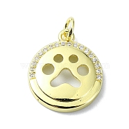 Brass Micro Pave Claer Cubic Zirconia Pendants, with Jump Ring, Flat Round with Paw Print Charms, Real 18K Gold Plated, 18x15x3mm, Hole: 3mm(KK-H475-45G)