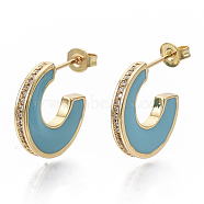 Brass Micro Pave Cubic Zirconia Crescent Moon Stud Earrings, Half Hoop Earrings, with Enamel and Ear Nuts, Letter C, Real 18K Gold Plated, Medium Turquoise, 21x17x3mm, Pin: 1mm(EJEW-N011-01C)