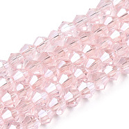 Transparent Electroplate Glass Beads Strands, Pearl Luster Plated, Faceted, Bicone, Misty Rose, 3.5~3.8x3mm, Hole: 0.8mm, about 113~115pcs/strand, 14.17~14.37 inch(36~36.5cm)(EGLA-A039-T3mm-A26)