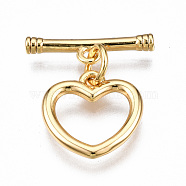 Brass Toggle Clasps, Nickel Free, Heart, Real 18K Gold Plated, 18mm long, Bar: 15.5x4x2mm, hole: 1.4mm, Jump Ring: 5x1mm, Inner Diameter: 3mm, Heart: 12x12x1.5mm, Hole: 1.2mm(KK-T063-93G-NF)