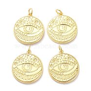 Brass Pendants, with Jump Ring, Long-Lasting Plated, Flat Round with Evil Eye, Real 18K Gold Plated, 22.5x20x2mm, Jump Ring: 5x1mm, 3mm Inner Diameter(KK-L188-32G)
