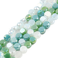 Electroplate Glass Beads Strands, Faceted, Flat Round, Light Sea Green, 4x2.5mm, Hole: 0.9mm, about 99~101Pcs/strand, 14.45 inch~14.69 inch(36.7~37.3cm)(EGLA-N002-40A-01)