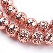 Electroplated Natural Lava Rock Beads Strands, Round, Bumpy, Rose Gold Plated, 8~8.5mm, Hole: 1mm, about 47pcs/strand, 15.35 inch(39cm)(G-K259-57-8mm-RG)