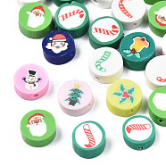 Handmade Polymer Clay Beads, Flat Round with Christmas Themed Patterns, Mixed Color, 9.5~10x4~5mm, Hole: 1.6mm(CLAY-N011-41)