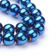 Non-magnetic Synthetic Hematite Beads Strands, Grade A, Round, Blue Plated, 8mm, Hole: 1mm, about 50~52pcs/strand(G-S096-8mm-7)