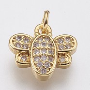 Brass Micro Pave Cubic Zirconia Charms, Butterfly, Golden, 10.5x11.5x3mm, Hole: 1.4mm(ZIRC-F084-14G)