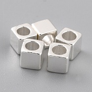 Brass Spacer Beads, Long-Lasting Plated, Cube with Round Hole, 925 Sterling Silver Plated, 3x3x3mm, Hole: 1.8mm(KK-O133-209C-S)