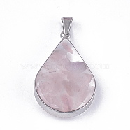 Natural Rose Quartz Pendants, with Glass and 304 Stainless Steel Findings, teardrop, Stainless Steel Color, 26.5~27x17~17.5x6.5~7mm, Hole: 3x5.5mm(STAS-T043-02I)