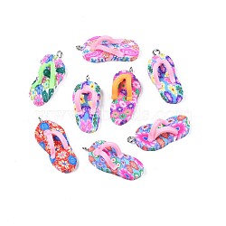 Handmade Polymer Clay Pendants, with Alloy Findings, Flip-Flops/Chancla, Mixed Color, 30~32x13x9mm, Hole: 2.5mm(X-PORC-S1007-48)